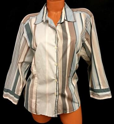 #ad *Quizz bleu taupe striped collared 3 4 sleeves stretch button down top 22