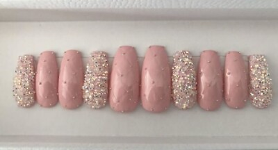 #ad pink quilted With Crystals press on nails