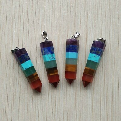 #ad 4pcs Natural Stone Seven Colors Pillar Charms 10x32mm Pendants Jewelry Making