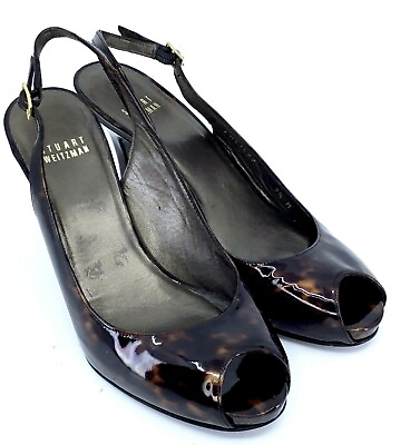 #ad Stuart Weitzman Slingback Pump Women#x27;s 7.5 M Tortoise Patent Peep Toe Heel Spain