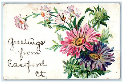 #ad 1906 Greetings From Eastford Connecticut Embossed Flower Leaves Glitter Postcard