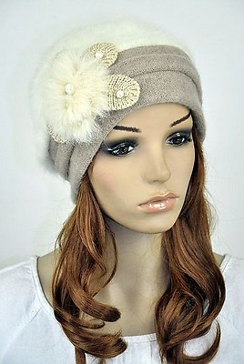 #ad #M39 Beauty 2 Tone Wool amp; Rabbit Fur Winter Dress Hat Beanie Cap Flower Beige NR