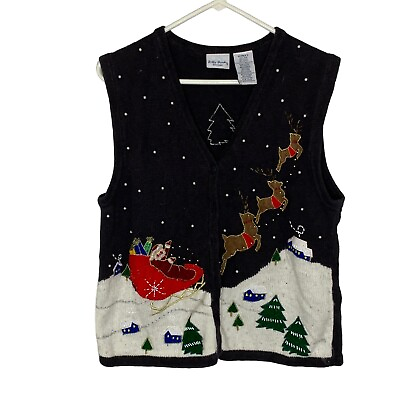 #ad Santa Sleigh Pulled By Three Reindeers Womens Black Cardigan Sweater Sz 14W 16W