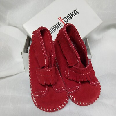 #ad Minnetonka Moccasins Red Front Strap Bootie Infant Kids Shoes Sz 6
