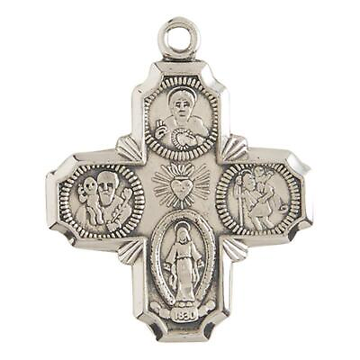 #ad Best Catholic Sterling Four Way Medal Size 1 in H with 24 inches L Chain