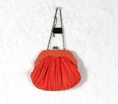 #ad Bijoux Terner 6quot; Orange Evening Bag Beaded Silver Chain Purse Fancy Pleat.