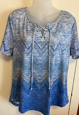 #ad Christopher amp; Banks Size Large Lace Up Variegated Blue Women’s Top Short Sleeve