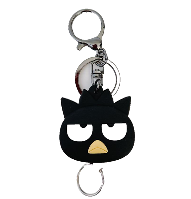 #ad Japan Bad Badtz Maru Penguin Face Black Silver Reel Key Cover Key Chain Holder