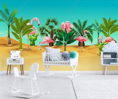 3D Beach Pink Flamingo Wallpaper Wall Mural Removable Self adhesive 62 AU $299.99