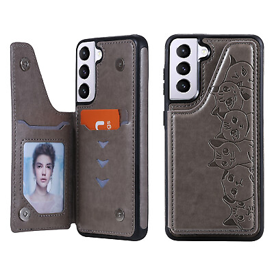 #ad Cute Gray Cat Magnetic Clasp Premium Hybrid Phone Case Skin Cover Card Holder