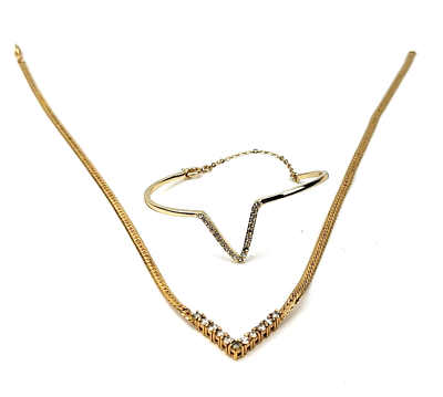 #ad Victorias Secret Signed 2 Piece Set Gold Tone V Chain Necklace Bracelet #B1