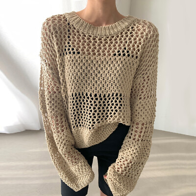 #ad Sexy Hollow Out See Through Round Neck Crochet Knitted Womens Sweater Casual Top