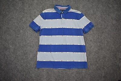 Tommy Hilfiger Polo Shirt Adult XL Blue Striped Logo All Over Casual Mens $12.59