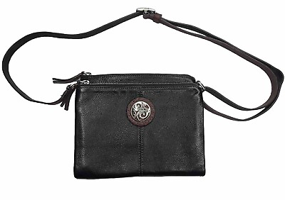 #ad BRIGHTON LONDON GROOVE MAGNETIC DOUBLE ZIP BLACK BROWN LEATHER CROSSBODY BAG