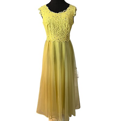 #ad Vintage Ann’s Vogue Shop Cincinnati Yellow Princess Dress Lace Chiffon M 1950s