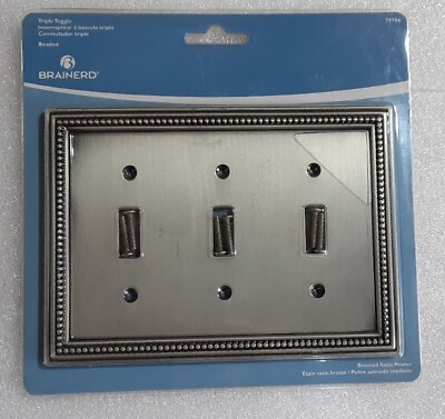 #ad Brainerd Brushed Satin Pewter Beaded Triple Toggle Switch Wall Plate NOS New