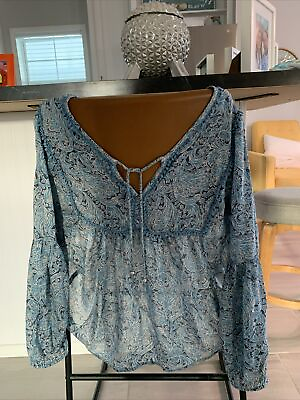 #ad Haute hippie Women#x27;s Size M blue tribe print blouse top QVC A370019