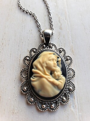 #ad Black amp; Ivory Christian Religious Mother Mary amp; Baby Jesus Cameo Necklace