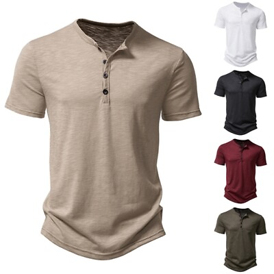 #ad Mens Plain Short Sleeve Henley T Shirt Summer Casual Pullover Loose Top Blouse