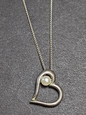 #ad Sterling Silver Pearl Heart Pendant Signed BY 925 20.5quot; Chain Necklace