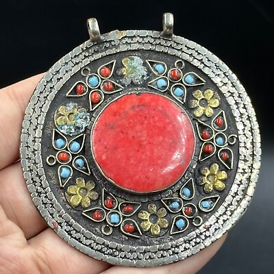 #ad Antique Islamic Central Asian Silver Plated Gold Gilded Coral Pendant