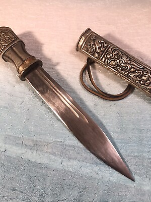 #ad Vintage Knife Dagger w Silver Tooled Sheath Woven Wire Handle