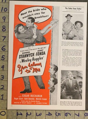 #ad 1941 BARBARA STANWYCK HENRY FONDA WESLEY RUGGLES BELONG MOVIE POSTER AD SKU