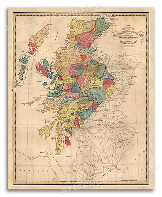#ad 1822 Clans of Scotland and Scottish Highlands Map 24x30
