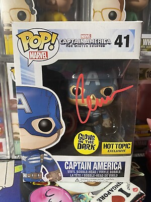 #ad Chris Evan Signed Funko Pop Captain America #41 glow