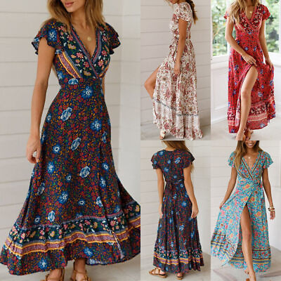 #ad Womens Floral V Neck Long Dress Summer Beach Holiday Swing Split Wrap Sundress