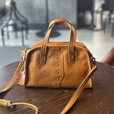 #ad Boston Bag Vintage Leather Handbag Crossbody Handmade Shoulder Bag for Women