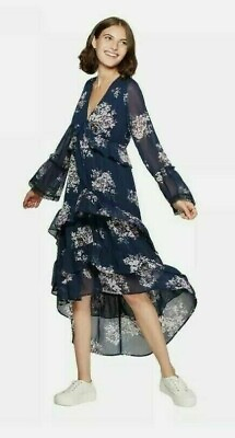 #ad XHILARATION Size M Blue Floral Tiered Ruffle Chiffon Dress Hi Low Hem Boho Gypsy