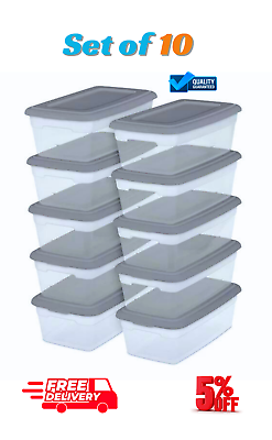 #ad Sterilite Set of 10 6 Qt Clear Plastic Storage Boxes with Gray Lids Mega Pack