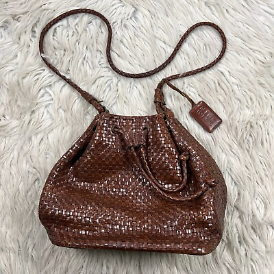 #ad Vintage 90#x27;s Nine West Brown Leather Woven Bucket Bag Drawstring