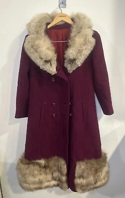#ad vintage womens fox fur Thick trim wool Burgundy peacoat Stunning Small M Medium