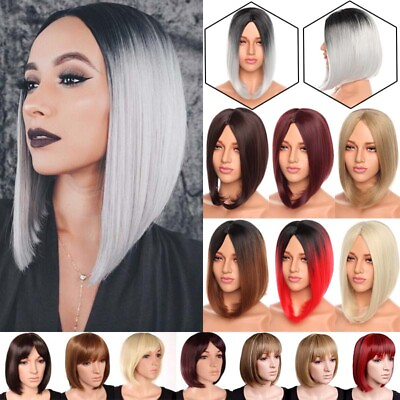 #ad Women Fashion Ombre Full Wigs Short Straight Bob Wig Front Hair Side parted Grey