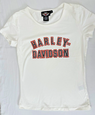 #ad Harley Davidson Woman#x27;s T Shirt Sz Small Graphic Print White Short Sleeves Bling