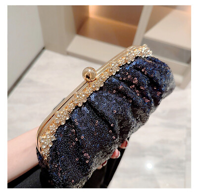 #ad Debutante Evening Bag Sequin Dark Blue Women#x27;s Clutch Bag With Chain Strap