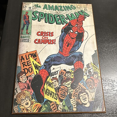 #ad 1969 THE AMAZING SPIDER MAN MARVEL COMIC #68 COVER WOODEN WALL PLAQUE 13quot; X 19quot;