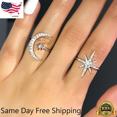 #ad Star Moon 925 Silver Plated Wedding Rings White Ring simulated zircon