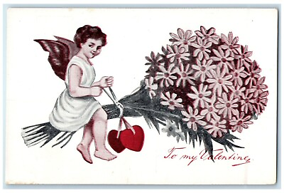#ad c1910#x27;s Valentine Hearts Cupid Angel With Bundle Of Flowers Antique Postcard
