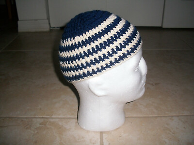#ad Blue and White Stripe Handmade Crochet Skull Cap Kufi Beanie Hat Topi Harley 