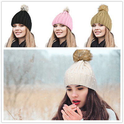 #ad Winter Beanie Ski Warm Knitted Hat Cap With Pom Pom Faux Fur For Ladies Women