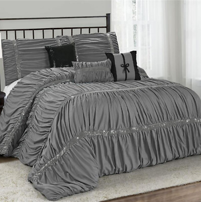 #ad HIG 7 Piece Classical Chic Ruched Pleated Gray Comforter Set in Queen King Size