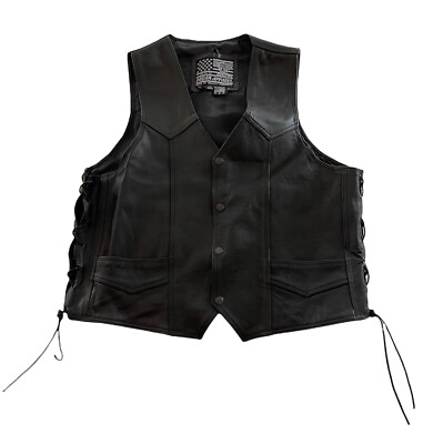 #ad Mens Bikers Dream Apparel Black Leather Vest Lace Up Sides w Chains USA Sz 46
