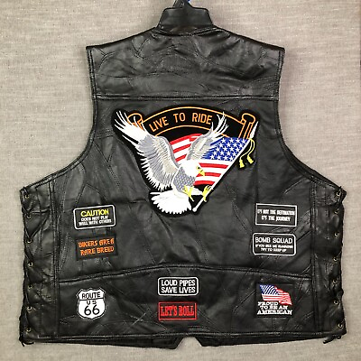#ad New Diamond Plate Vest Mens 6XL Black Leather Motorcycle Eagle Patch Patriotic
