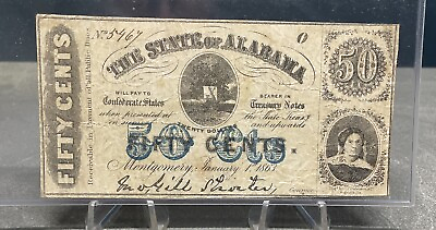 #ad 1863 50c Cts The State of ALABAMA Note CIVIL WAR Rare No Series Serial#5467