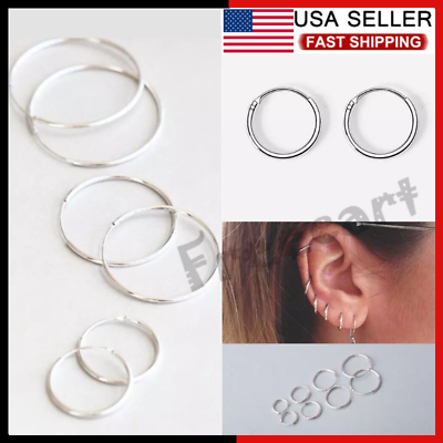 Elegant 925 Sterling Silver Hoop Earrings for Women Men Jewelry 8 10 12 14 16MM $4.98