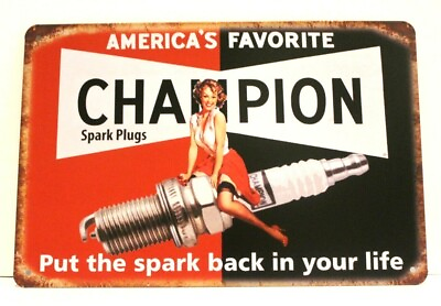 #ad Champion Spark Plugs Pinup Girl Tin Sign Metal Vintage Style Man Cave Garage XZ