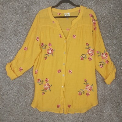 #ad Anthropologie Fig amp; Flower Blouse Yellow Embroidered Flowers Top Roll Tab Sz 2X